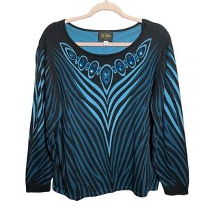 Bob Mackie Wearable Art Sweater Jeweled Neckline Blue/Black Zebra Print